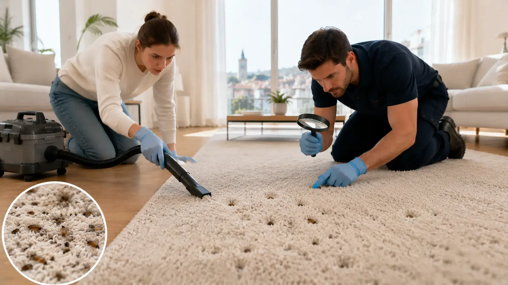Professionelle Kontrolle und Reinigung eines Wollteppichs bei Teppichkäferbefall in einer Zürcher Wohnung zur Entfernung von Larven und zum langfristigen Schutz des Teppichs.