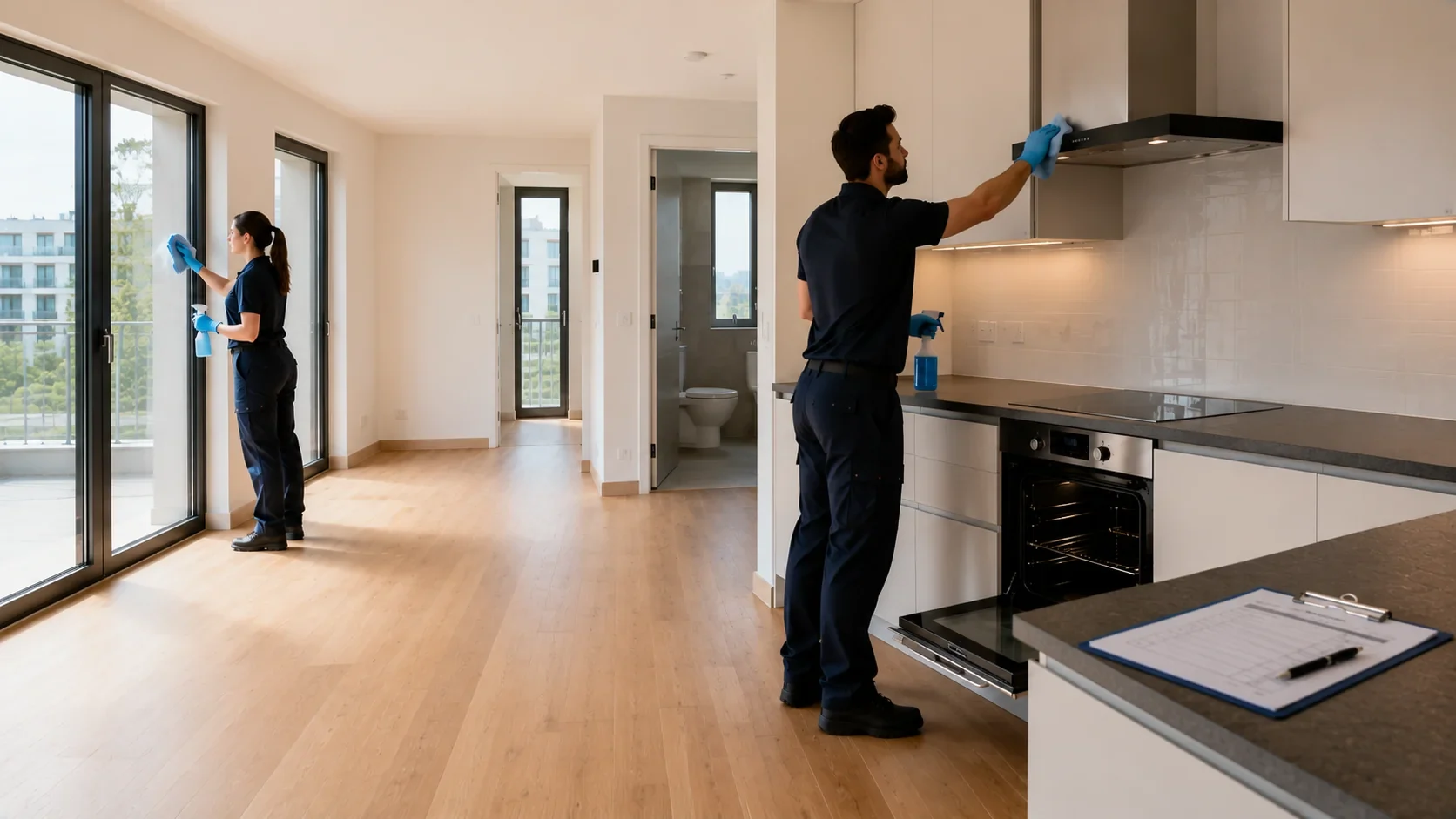 Professionelle Endreinigung einer modernen Mietwohnung in Winterthur mit sauberer Küche, streifenfreien Fenstern und umweltfreundlicher Reinigung vor der Wohnungsabgabe.