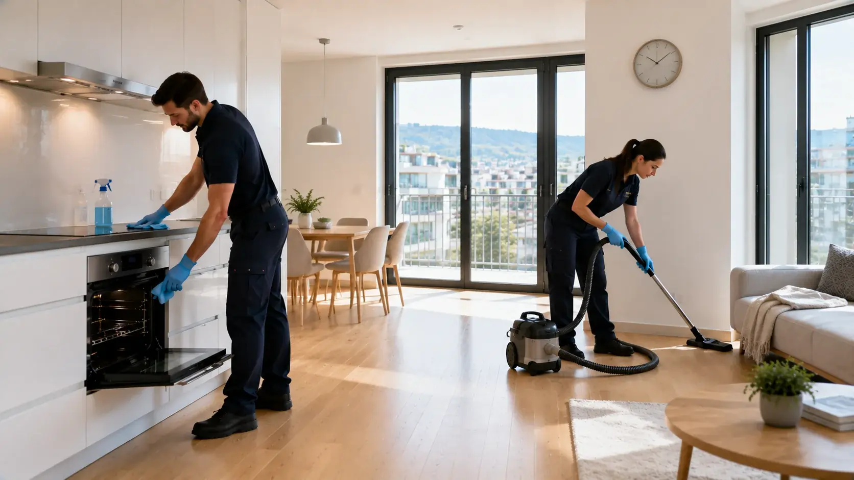Professionelle Tiefenreinigung einer modernen 3-Zimmer-Wohnung in Zürich mit gründlicher Reinigung von Küche, Wohnzimmer und schwer erreichbaren Bereichen nach Zimmerzahl.