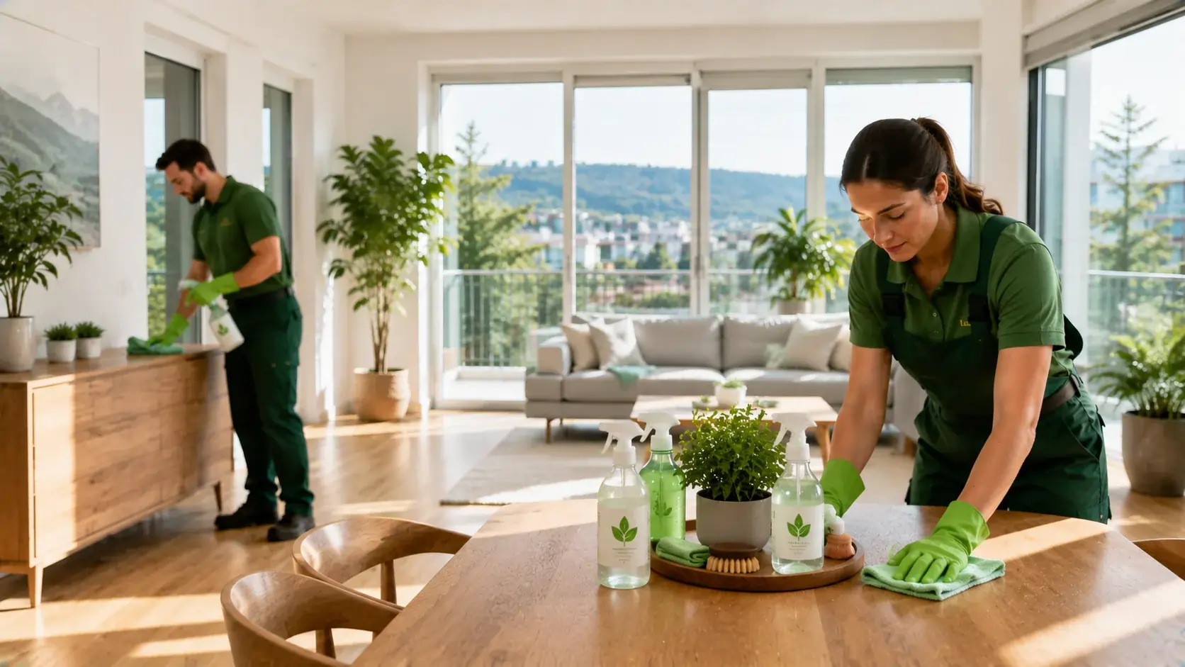 Professionelle oekologische Reinigung einer modernen Wohnung in Zuerich mit biologisch abbaubaren Reinigungsmitteln und wiederverwendbaren Mikrofasertuechern