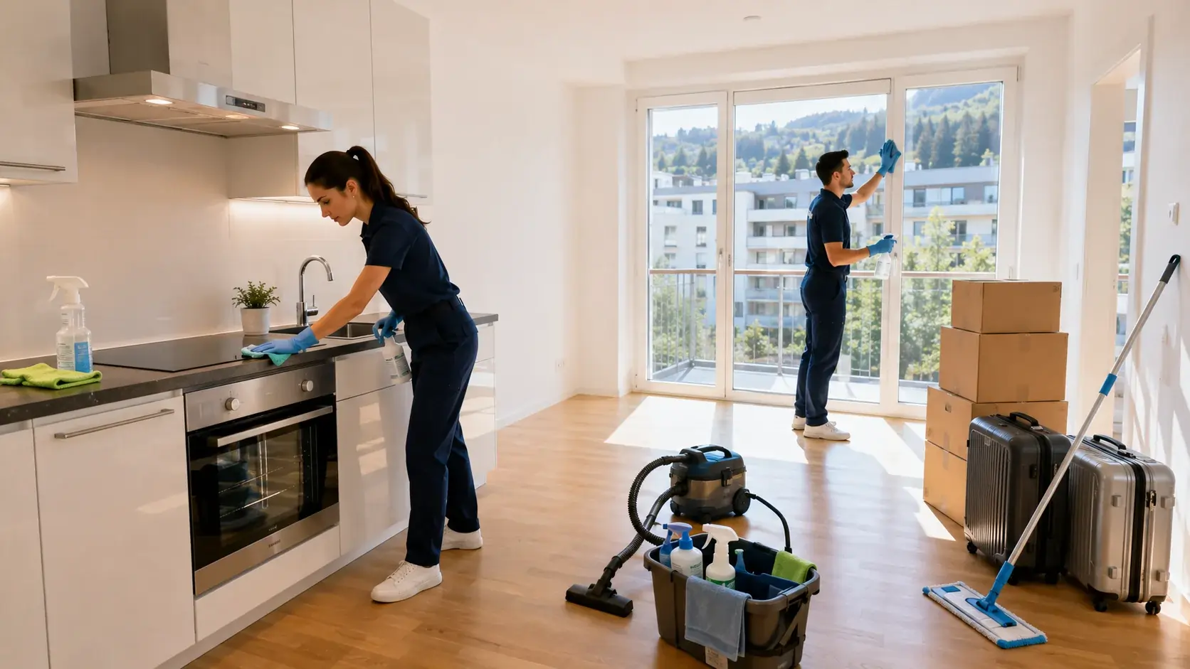 Professionelles Team bei einer Endreinigung an einem Tag in einer leeren Wohnung in der Schweiz vor der Wohnungsuebergabe