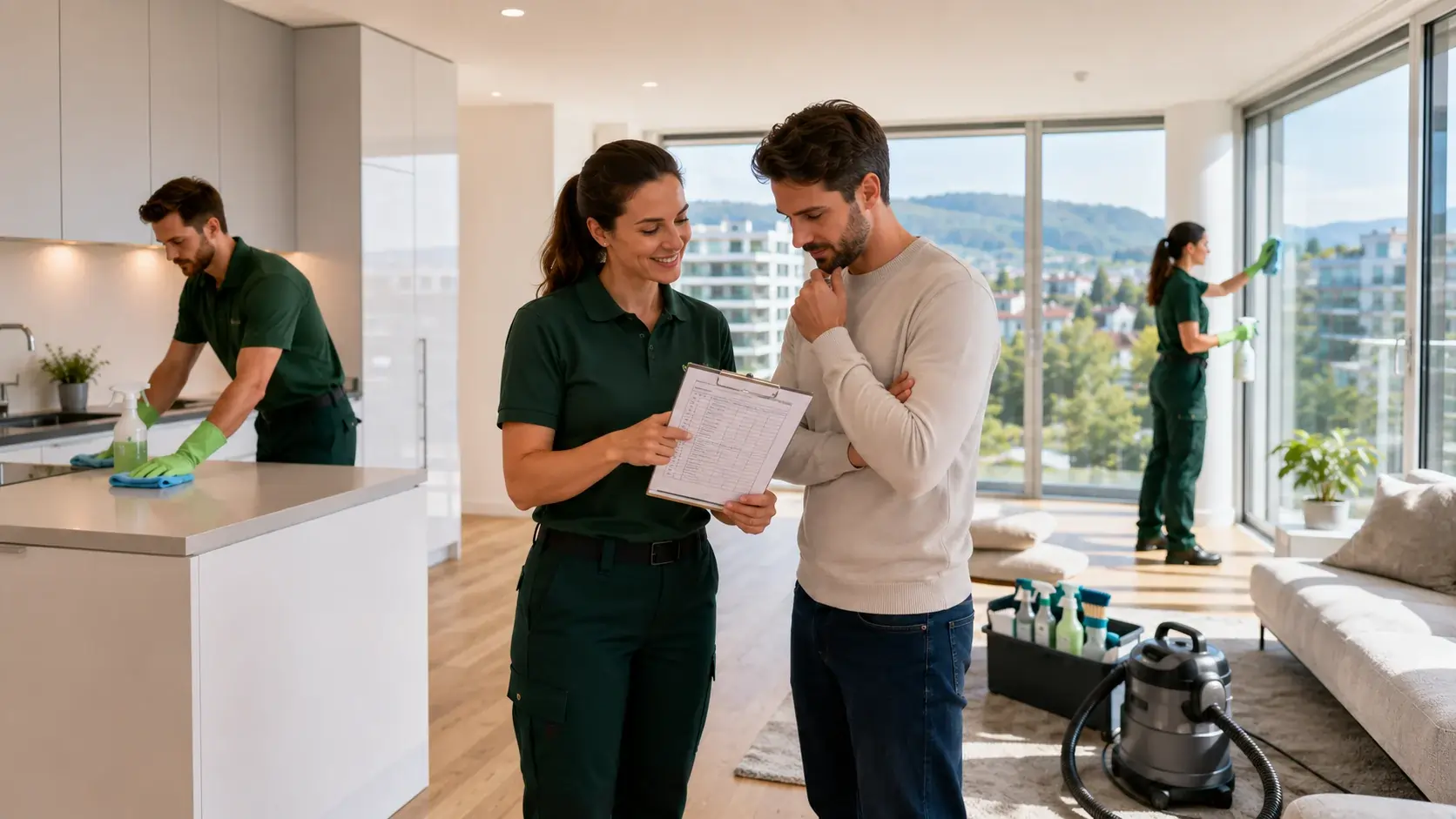 Zuverlässige Reinigungsfirma in Zürich mit professionellem Reinigungsteam, transparenter Reinigungs-Checkliste und versicherter Wohnungsreinigung in einer modernen Schweizer Wohnung