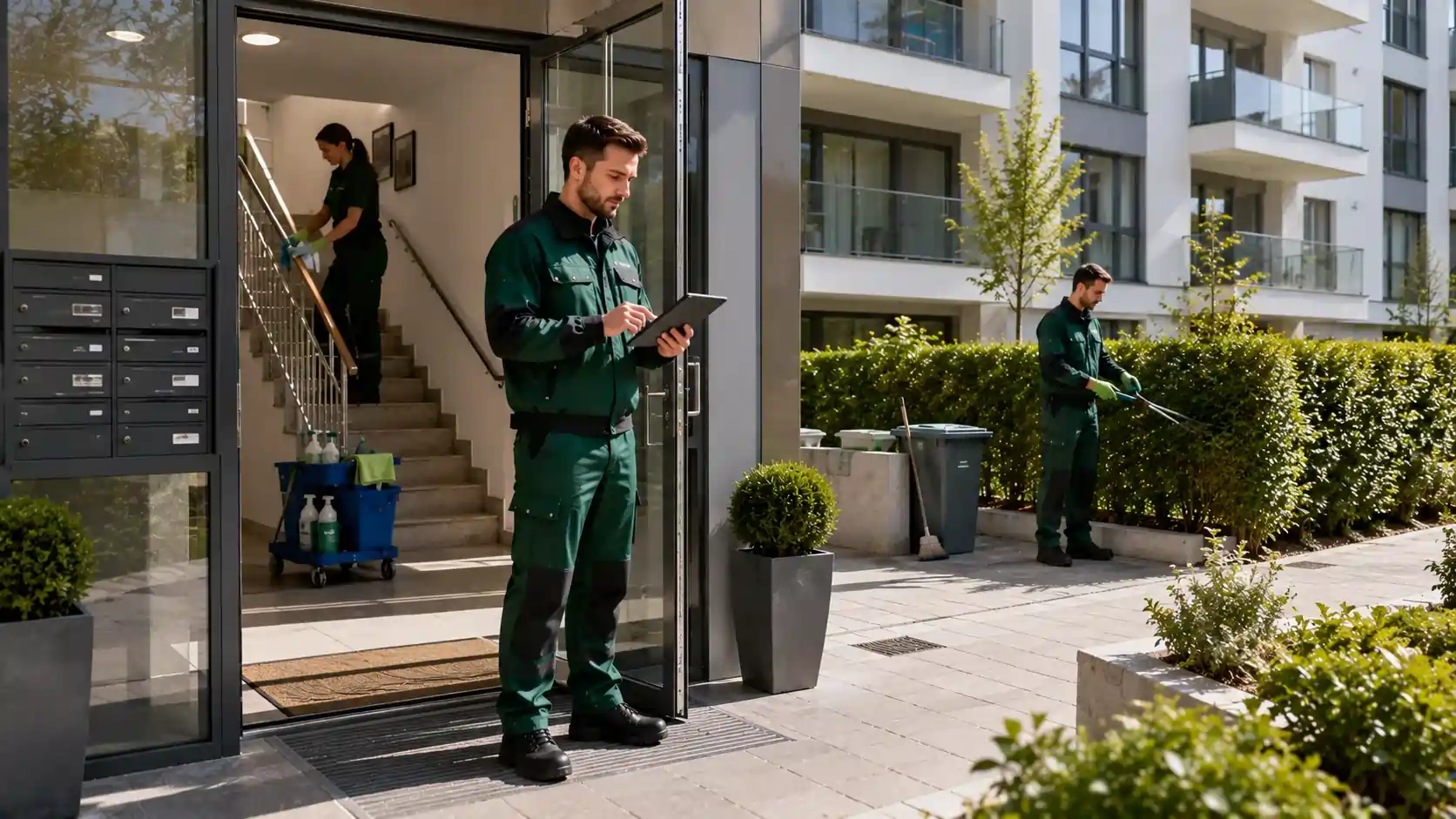 Professioneller Hauswart bei der Reinigung und Gebäudewartung eines modernen Mehrfamilienhauses in Zürich mit Treppenhausreinigung, Gartenpflege und technischen Kontrollen.
