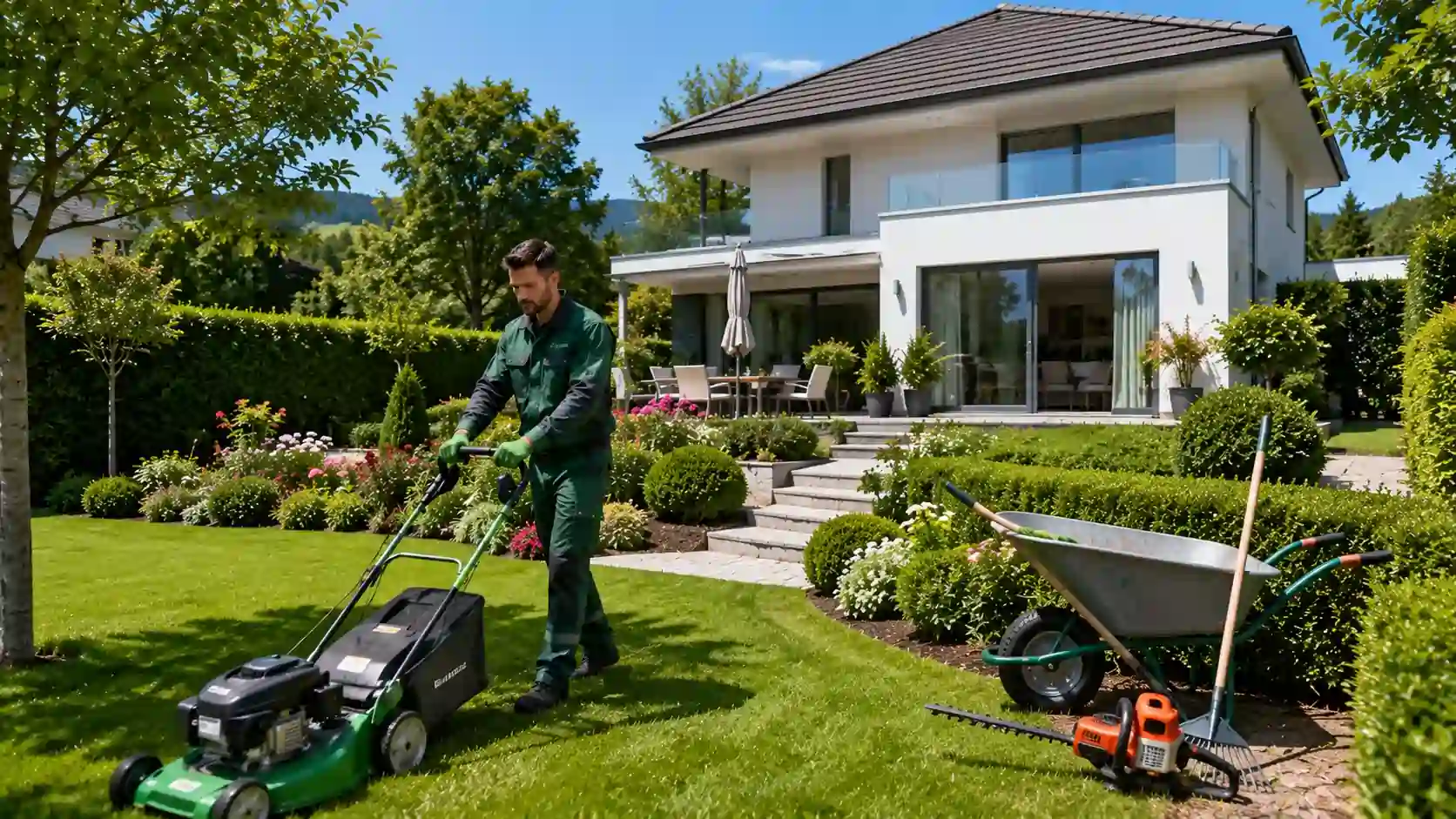 Professioneller Gärtner pflegt den Garten eines Einfamilienhauses in Zürich mit Rasenmähen, Heckenschnitt und Gartenpflege.