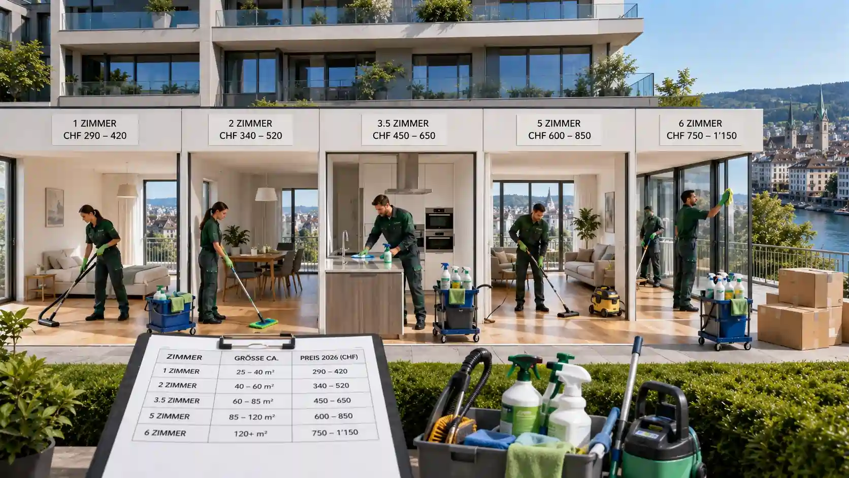 Reinigungskosten nach Wohnungsgrösse 2026 in Zürich – Vergleich der Endreinigung, Wohnungsreinigung und Grundreinigung für 1- bis 6-Zimmer-Wohnungen mit professionellen Reinigungskräften.