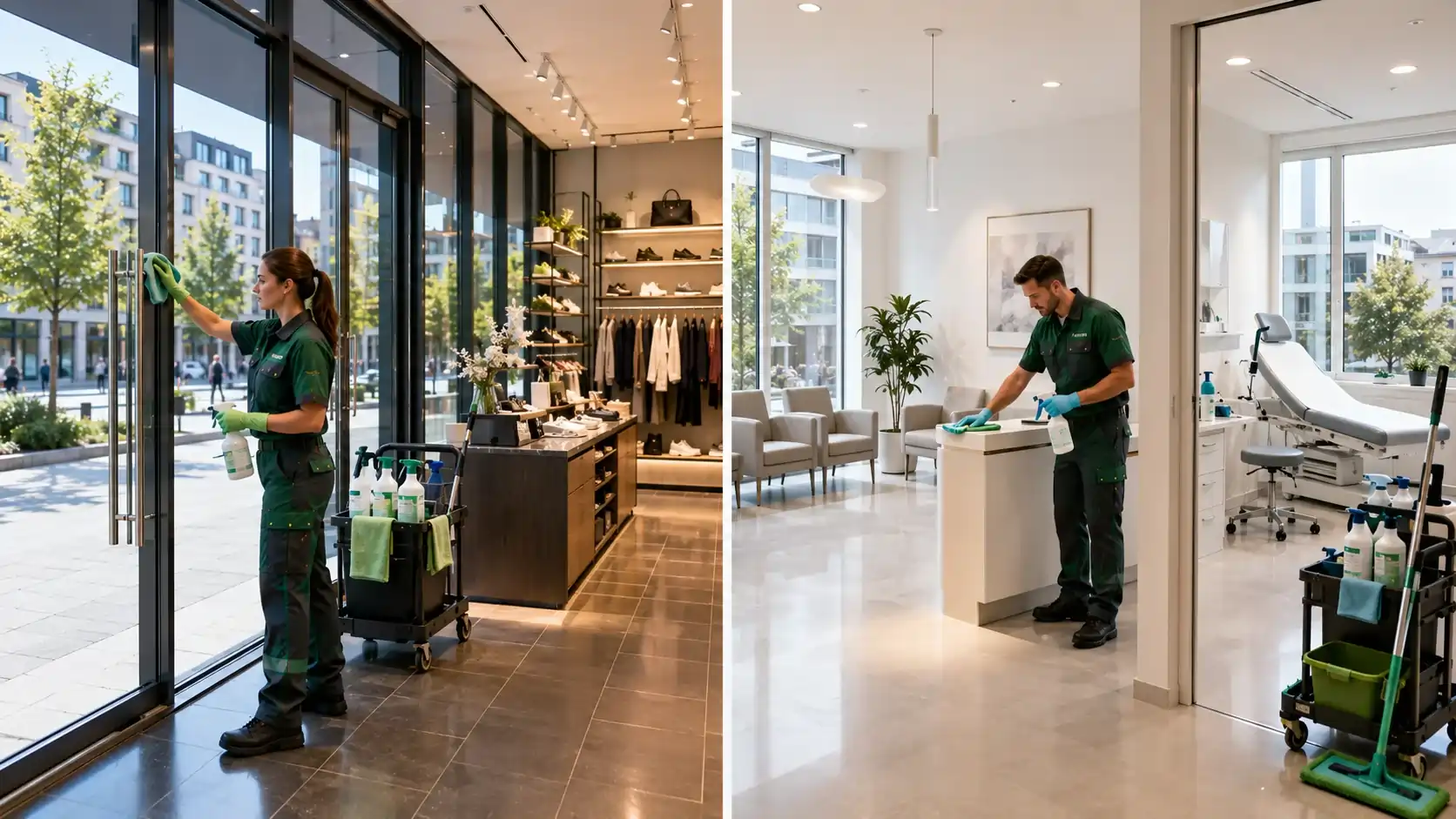 Professionelle Laden- und Praxisreinigung in Zürich mit hygienisch gereinigten Verkaufsflächen, Wartebereichen und Behandlungsräumen für mehr Kunden- und Patientenvertrauen.