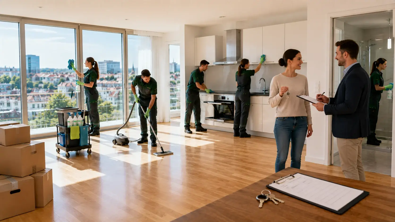 Endreinigung einer sauberen Zürcher Mietwohnung vor der Wohnungsabnahme mit professioneller Reinigungskraft und übergabebereiten Räumen