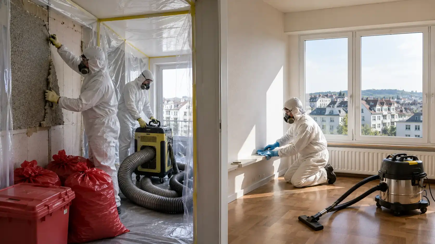 Vergleich zwischen Asbestsanierung und Asbestreinigung in einem älteren Schweizer Gebäude mit professioneller Schutzausrüstung, kontrollierter Sanierung und sicherer Reinigung nach Schweizer Vorschriften.