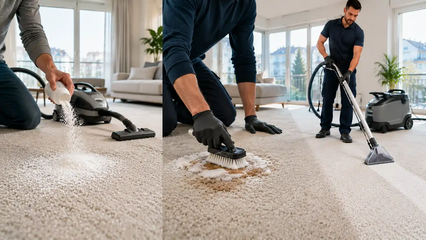Vergleich von Teppichreinigung mit Pulver, Schaum und professioneller Teppichreinigung in einer modernen Schweizer Wohnung