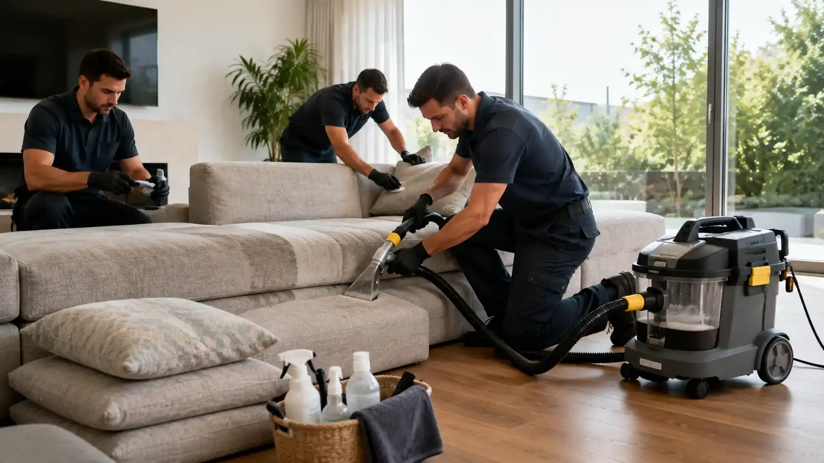 Professionelle mobile Polsterreinigung eines Stoffsofas in einem modernen Schweizer Zuhause