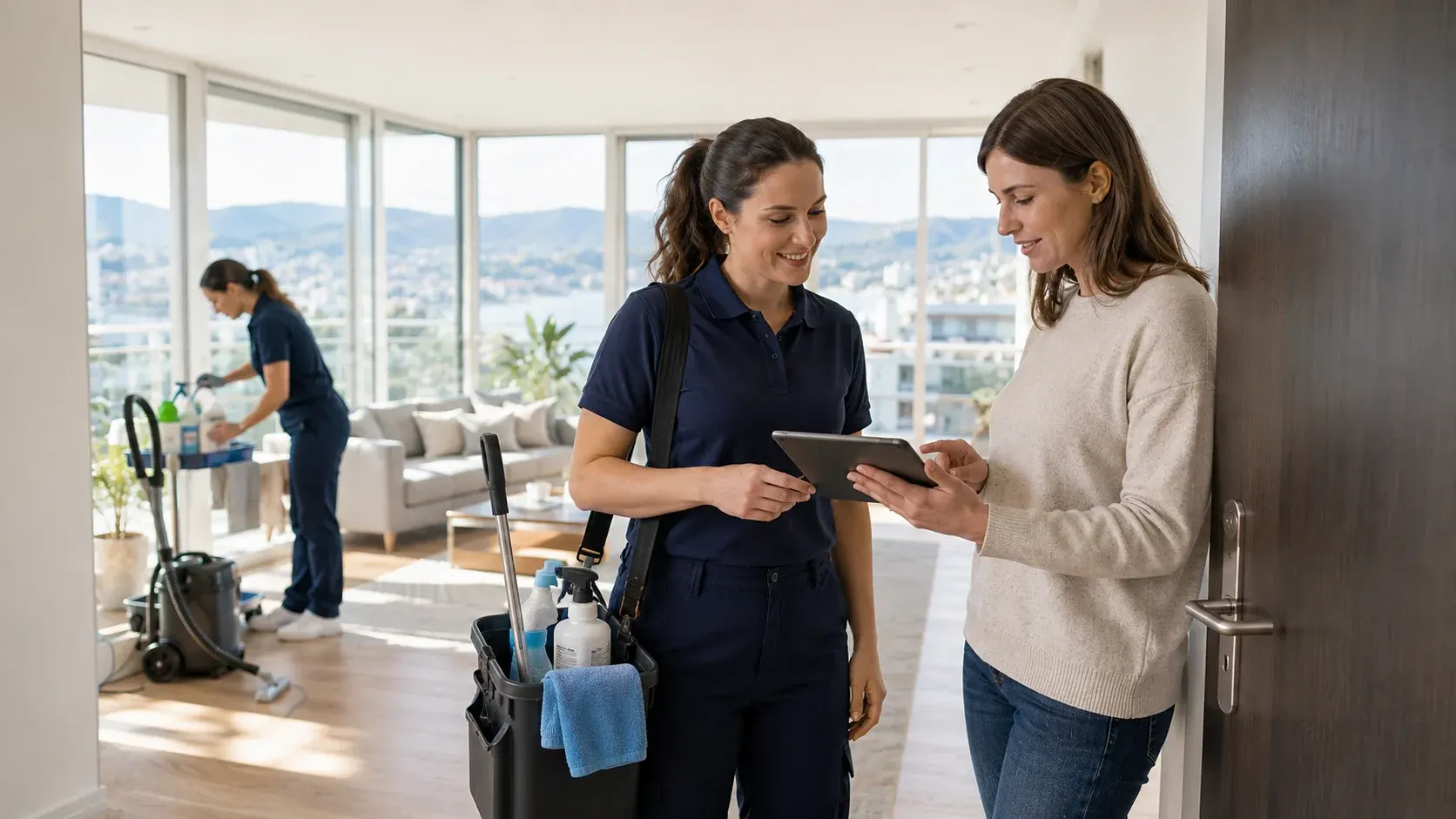 Professionelle Reinigungsfirma bespricht mit einer Kundin in einer modernen Wohnung in Zürich eine Reinigungsofferte vor Beginn der Reinigungsarbeiten.