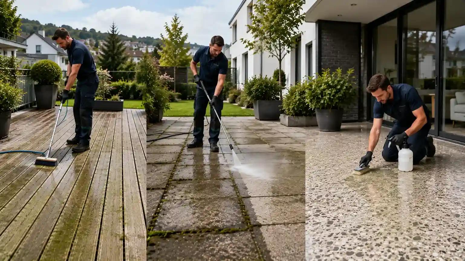 Professionelle Terrassenreinigung mit sicherer Algen- und Moosentfernung auf Holz-, Stein- und Terrazzoterrassen