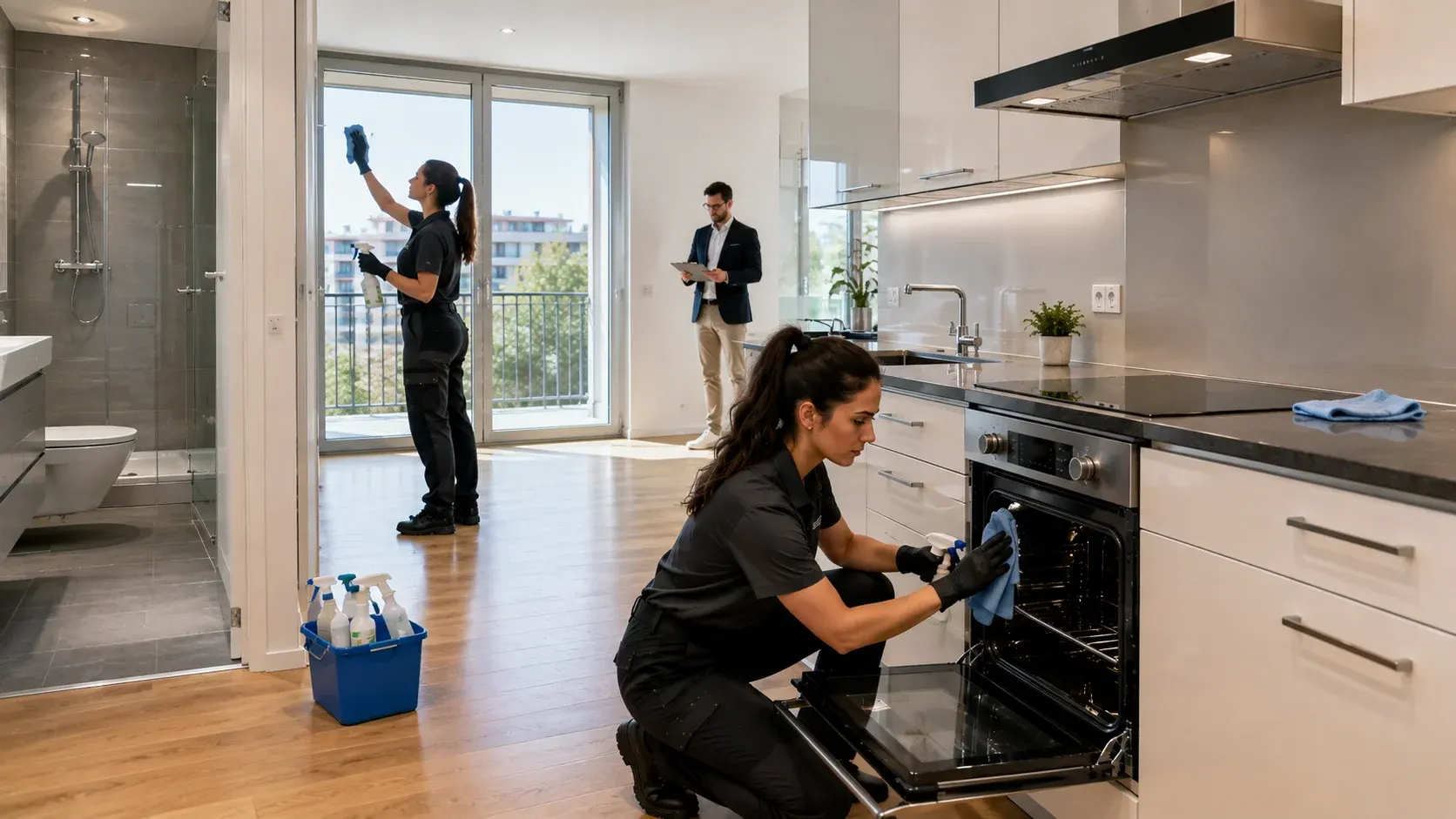 Professionelle Umzugsreinigung in Dietikon mit Abnahmegarantie: Reinigungskräfte reinigen Backofen, Fenster und Küche für eine erfolgreiche Wohnungsübergabe nach Zürcher Standards.