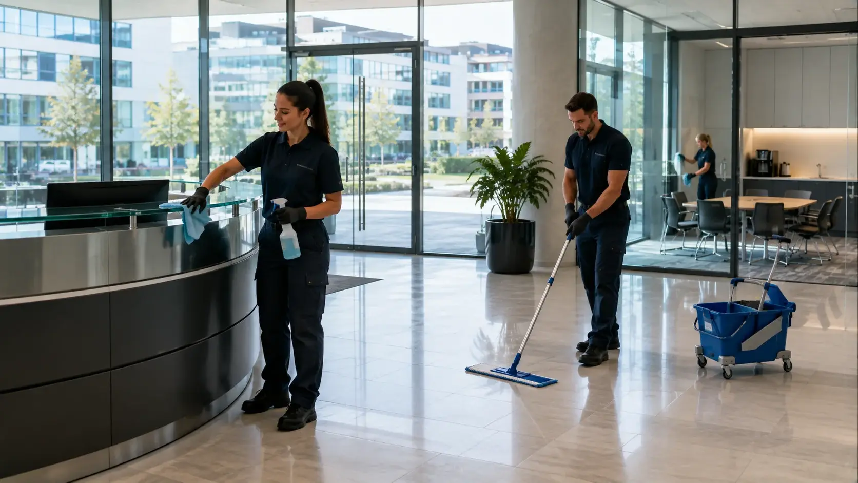 Professionelle Büroreinigung in einem modernen Business-Park-Büro in Wallisellen mit Empfangsbereich, Glas-Sitzungszimmern und sauberen Arbeitsplätzen.